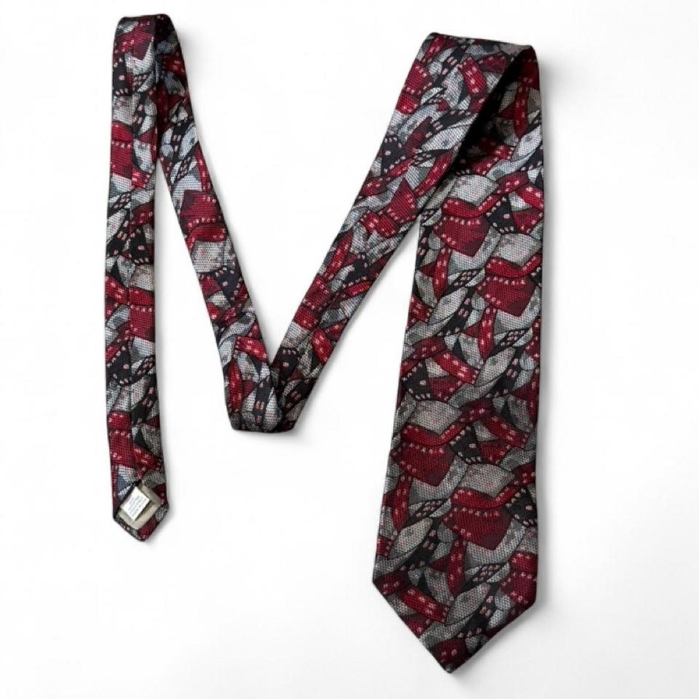 Vintage 80s Damon Red, Gray & Black Abstract‎ Geometric Silk Tie